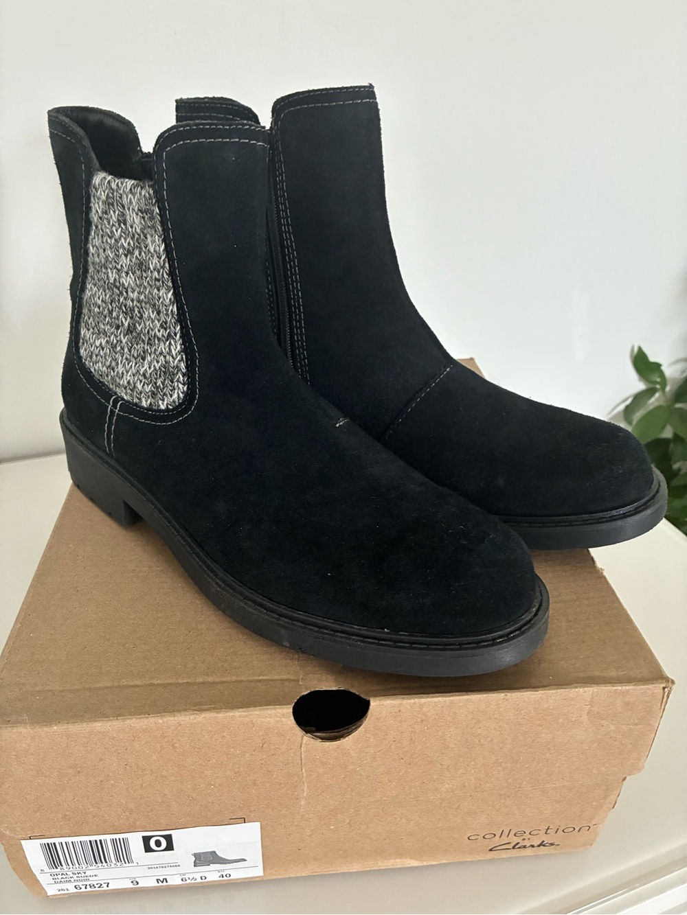 Clarks Black Suede Chelsea Booties with Knit Side Panel